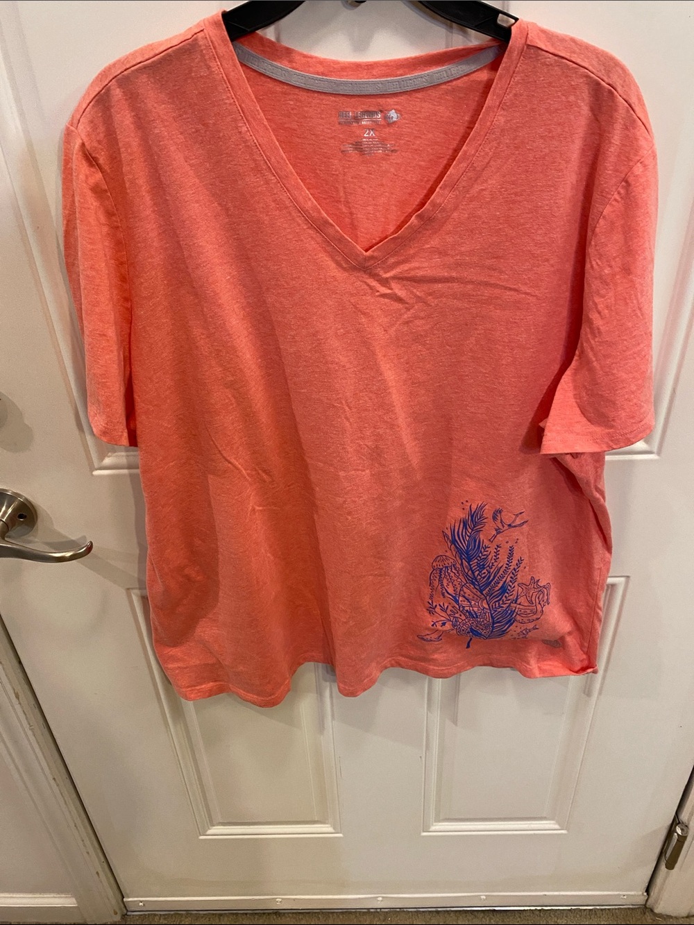 Reel Legends Coral V-Neck Tee with Blue Botanical Accent